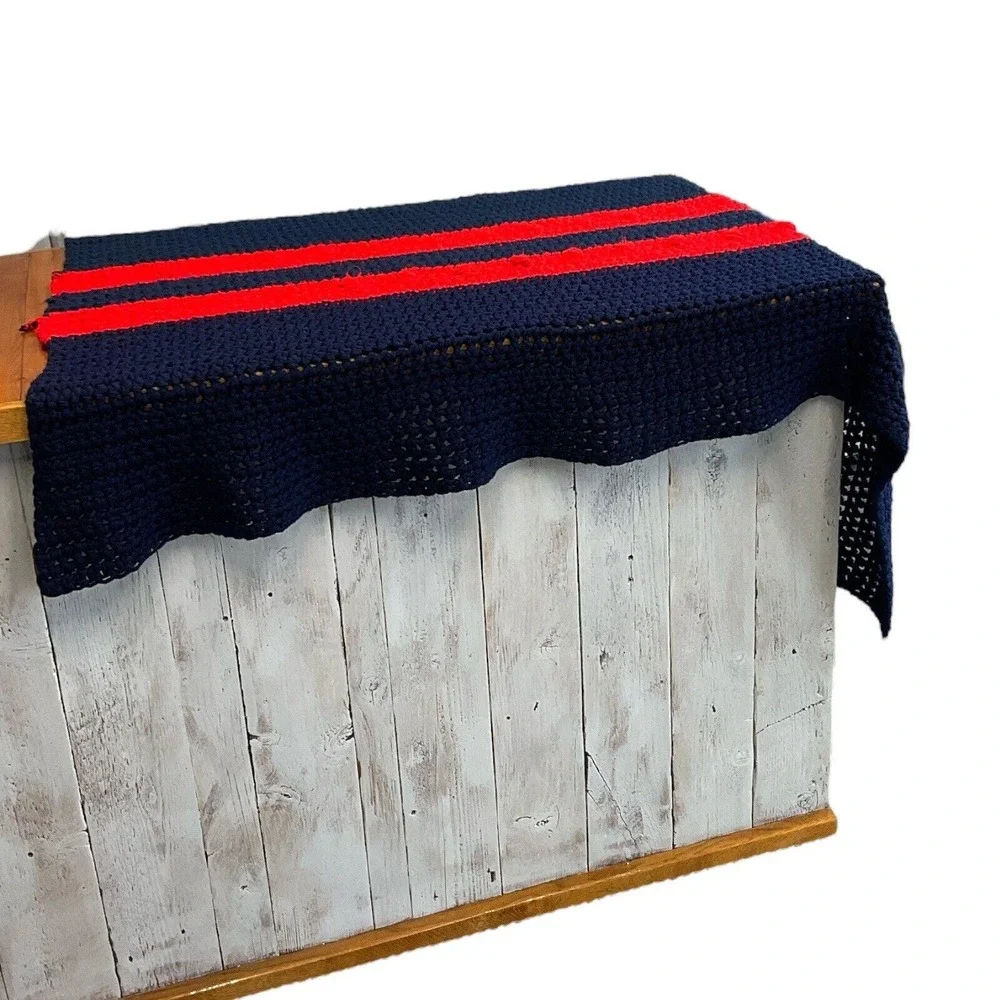 Handmade Crochet Afghan Patriotic Heavyweight Yarn Striped Blanket‎ Throw